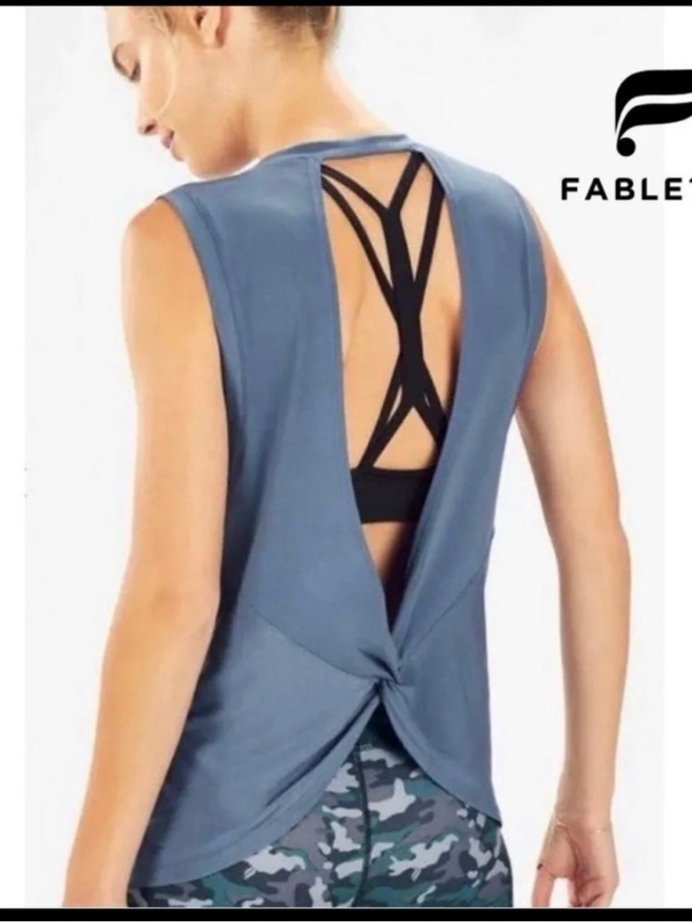Fabletics LACEY Open-Back Twist Tank in Dusty Blue/Green Tank Top